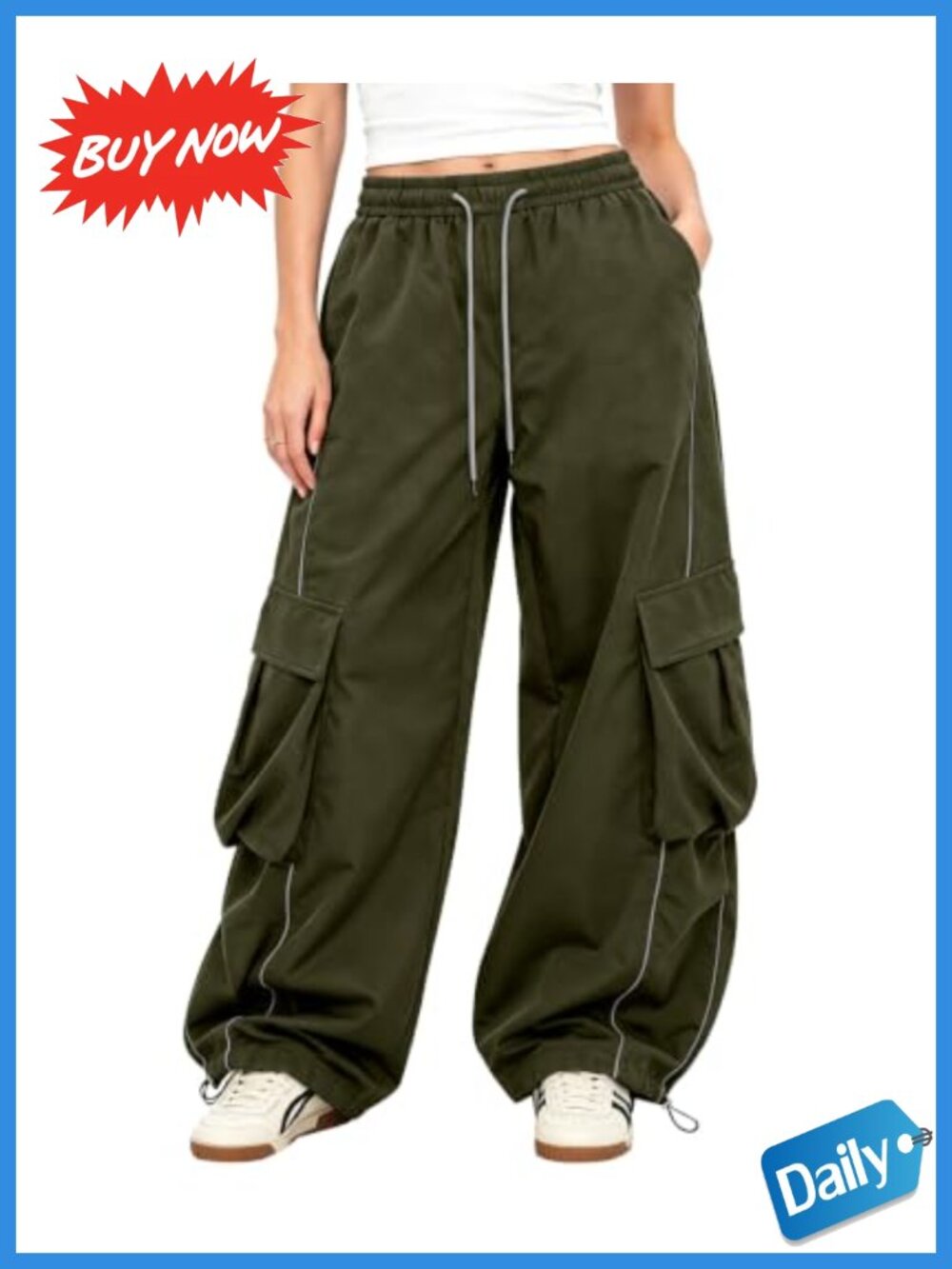 Women's Baggy Barrel Wide Leg Cargo Pants Drawstring Elastic Waist Pockets Y2K